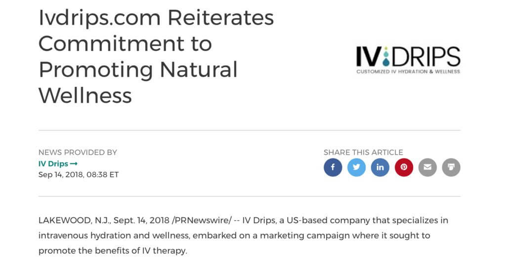 screenshot of the mentioned article on CISION titled "Ivdrips.com Reiterates Commitment to Promoting Natural Wellness"