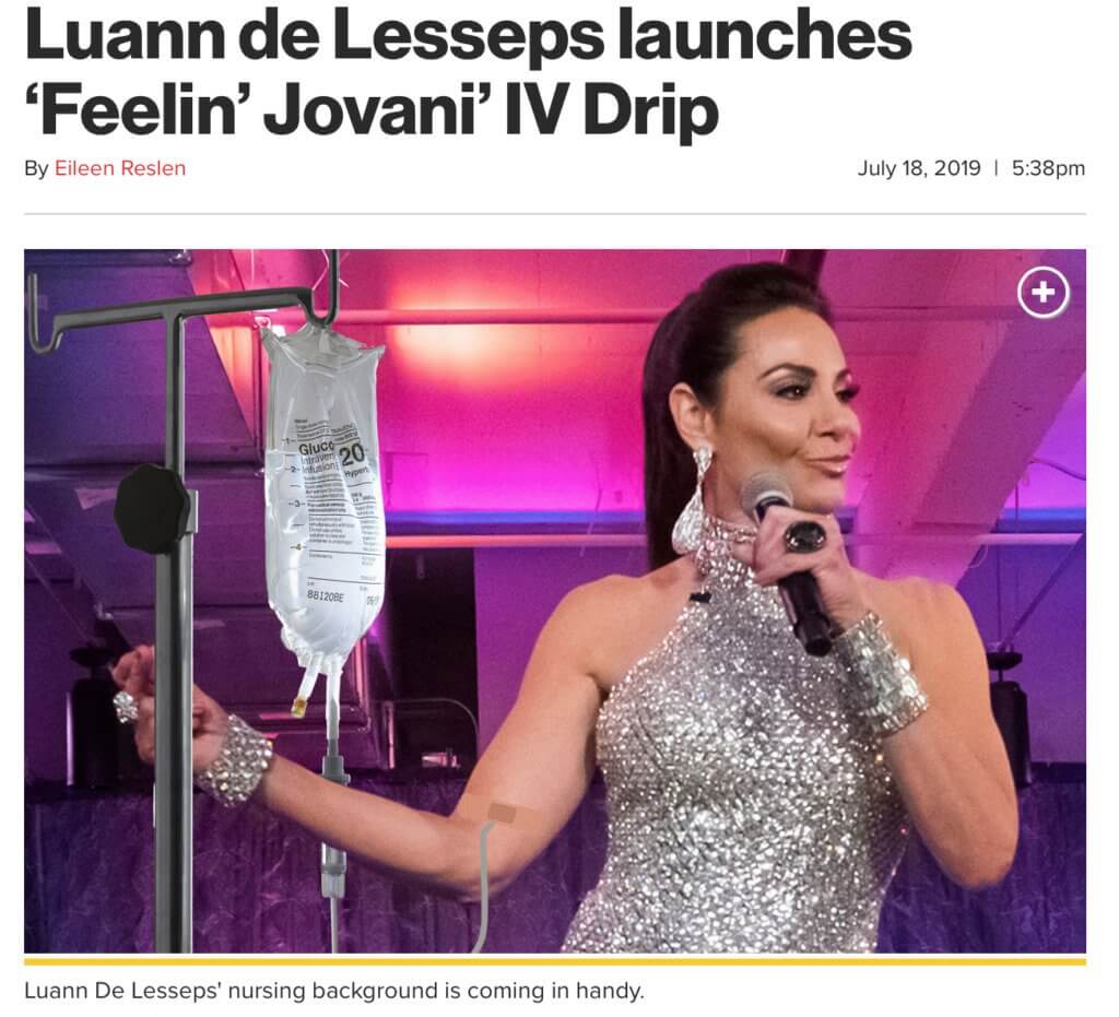 screenshot of the mentioned article on PAGE SIX titled "Luann de Lesseps launches ‘Feelin’ Jovani’ IV Drip"