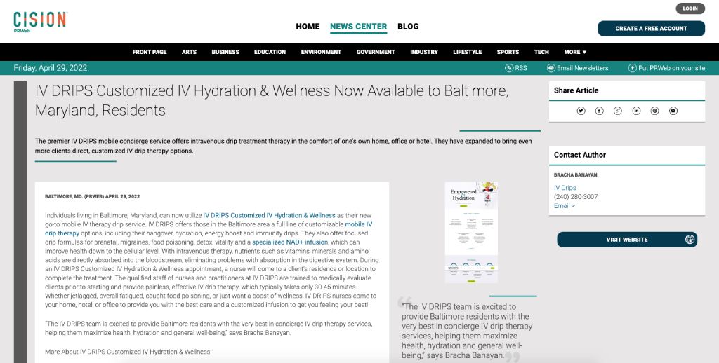 Screenshot of an article titled: IV DRIPS Customized IV Hydration & Wellness Now Available to Baltimore, Maryland, Residents