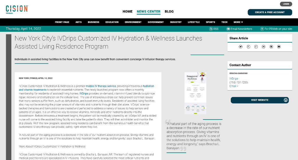screenshot of the linked article called New York City’s IVDrips Customized IV Hydration & Wellness Launches Assisted Living Residence Program