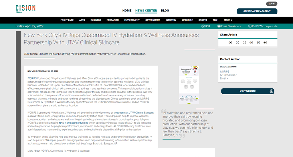 screenshot of the linked article called New York City’s IVDrips Customized IV Hydration & Wellness Announces Partnership With JTAV Clinical Skincare