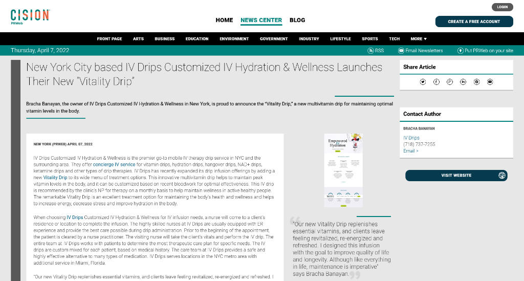 screenshot of the linked article called New York City based IV Drips Customized IV Hydration & Wellness Launches Their New "Vitality Drip"