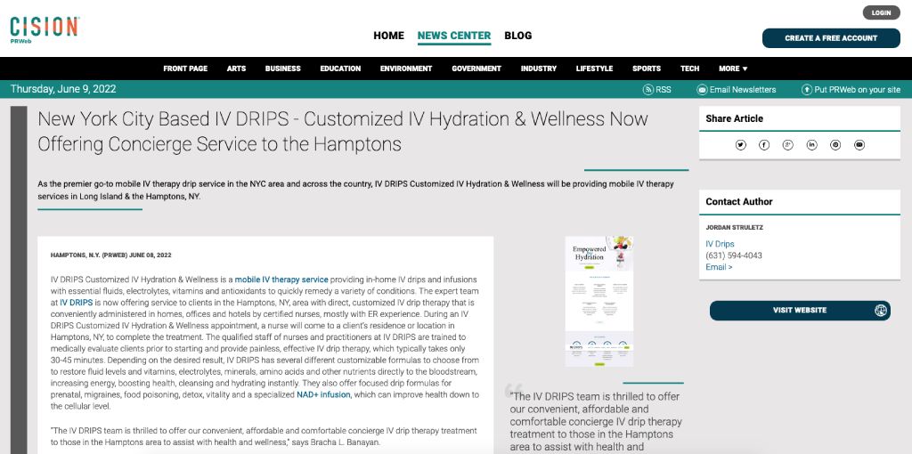 Screenshot of an article titled: New York City Based IV DRIPS - Customized IV Hydration and Wellness Now Offering Concierge Service to the Hamptons