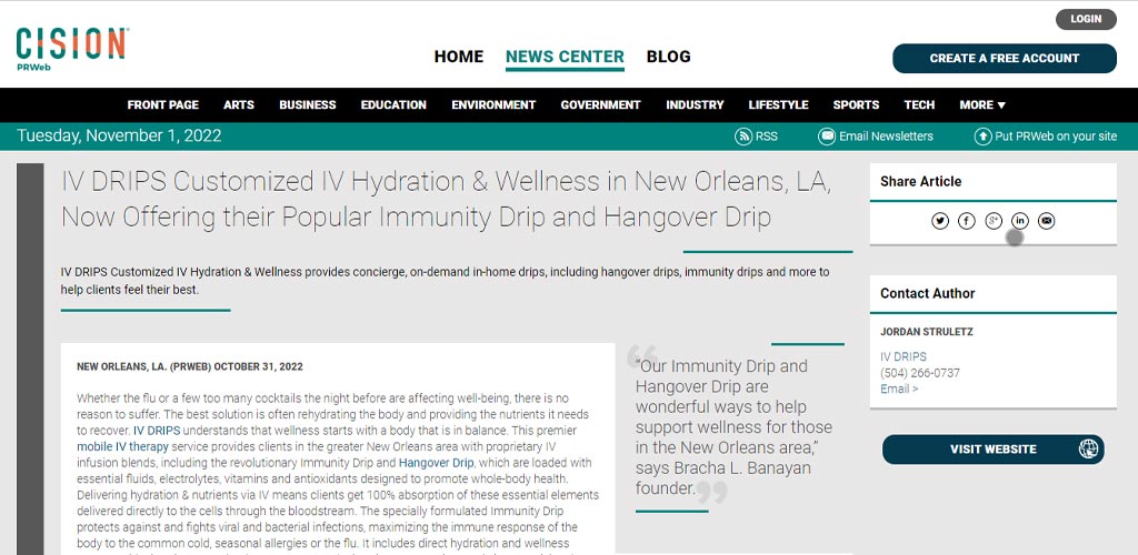 Screenshot of an article titled: IV DRIPS Customized IV Hydration & Wellness in New Orleans, LA, Now Offering their Popular Immunity Drip and Hangover Drip