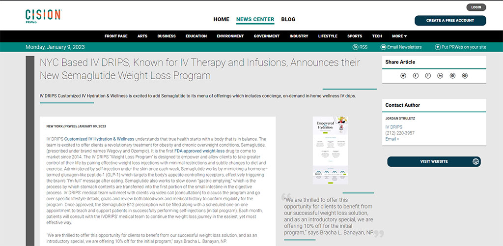 Screenshot of an article titled: NYC Based IV DRIPS, Known for IV Therapy and Infusions, Announces their New Semaglutide Weight Loss Program
