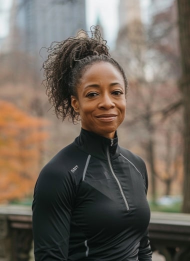 A woman with an afro ponytail, wearing a black zip-up athletic top, smiles gently in a park with autumn trees in the background.