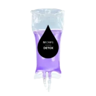 A clear IV bag filled with purple liquid labeled "Hydration Drip" against a plain background.