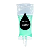 A clear IV drip bag filled with green liquid, labeled "Hydration Drip" in white and black text on a black, droplet-shaped label.