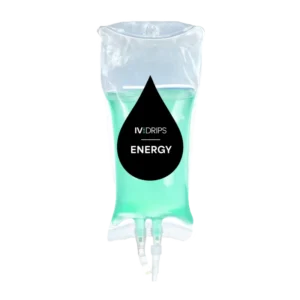 A clear IV drip bag filled with green liquid, labeled "Hydration Drip" in white and black text on a black, droplet-shaped label.