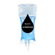 A clear IV drip bag filled with blue liquid labeled "Hydration Drip," set against a white background.