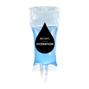 A clear IV drip bag filled with blue liquid labeled "Hydration Drip," set against a white background.