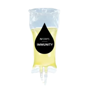 Clear IV bag with yellow liquid, labeled "Hydration Drip" in white text on a black droplet graphic, isolated against a black background.