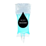 A transparent IV drip bag filled with blue liquid, labeled “Hydration Drip” in bold white text on a black droplet graphic.
