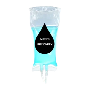 A transparent IV drip bag filled with blue liquid, labeled “Hydration Drip” in bold white text on a black droplet graphic.