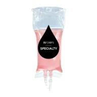 A clear IV bag filled with pink liquid, labeled “Hydration Drip” and featuring a black droplet graphic on the front.