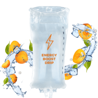 Iv bag labeled "energy boost drip" surrounded by oranges and splashing water, on a transparent background.