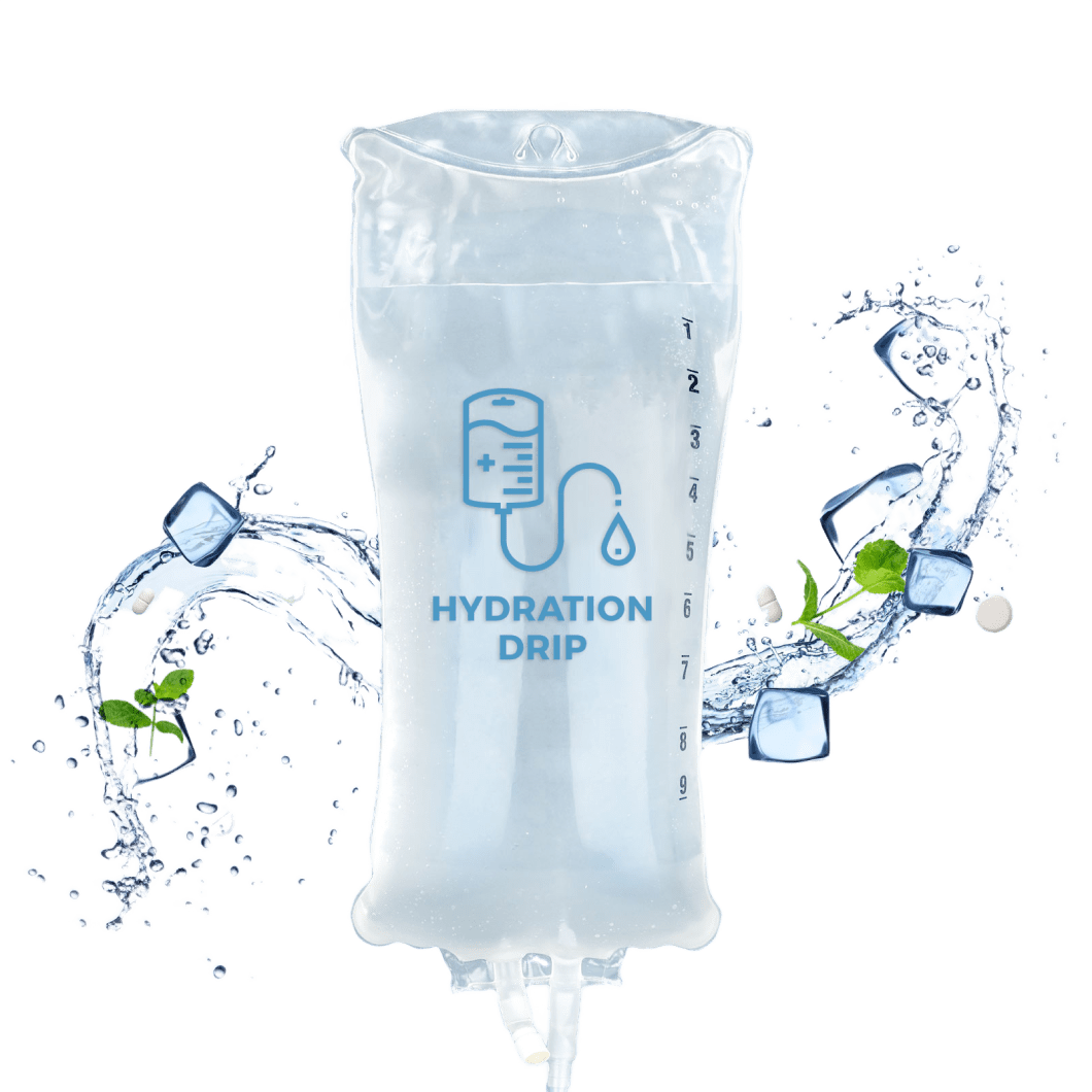 Transparent iv bag labeled "hydration drip" with dynamic water splashes and ice cubes around it, depicted against a plain background.