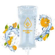 Illustration of an iv bag labeled "immunity drip" surrounded by splashing water and orange slices, against a green background.