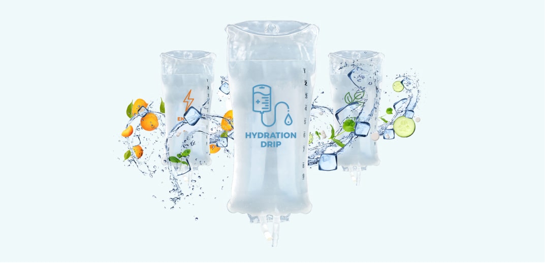 Three iv hydration drip bags with fruit and water splash graphics, suggesting flavor infusions such as orange and lemon, against a light blue background.