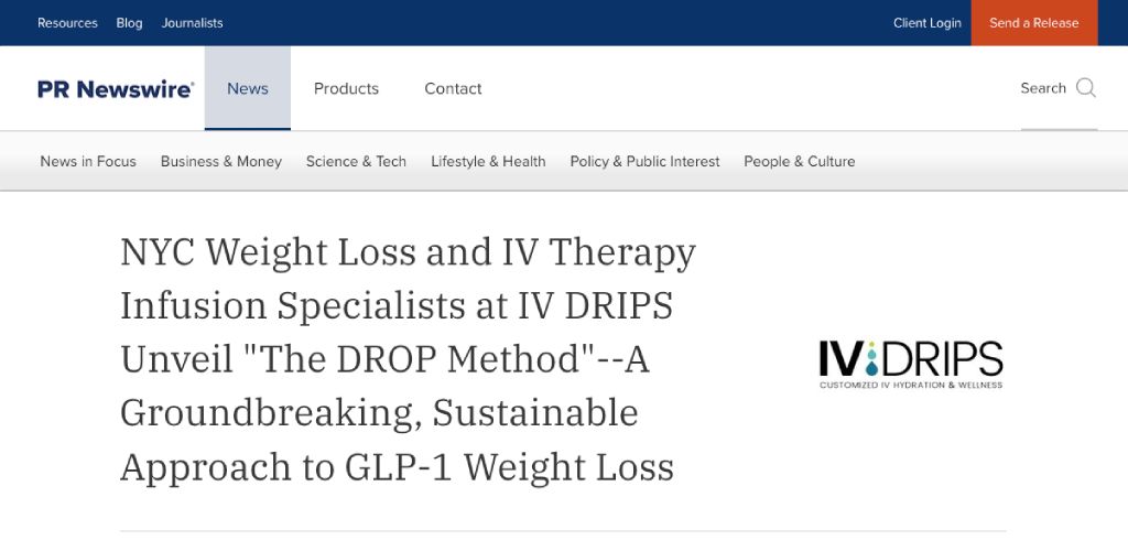 Screenshot of the article titled: NYC Weight Loss and IV Therapy Infusion Specialists at IV DRIPS Unveil "The DROP Method"--A Groundbreaking, Sustainable Approach to GLP-1 Weight Loss