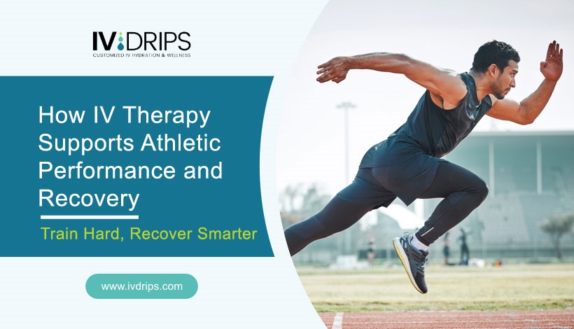 A male athlete sprints on a track; text on the image promotes IV therapy for athletic performance and recovery, with the website www.ivdrips.com displayed.