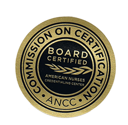 Gold and black seal with text: "Commission on Certification, ANCC, Board Certified, American Nurses Credentialing Center.