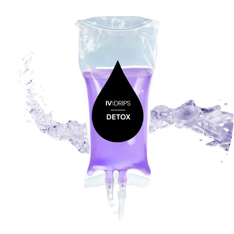 A clear IV drip bag filled with purple liquid labeled “IV DRIPS DETOX,” with a splash effect in the background.