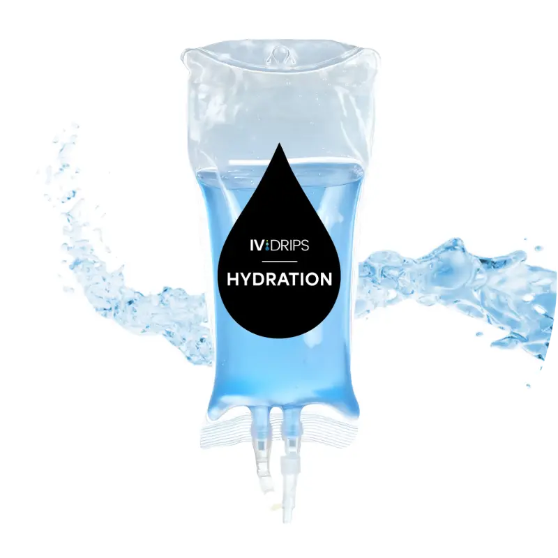 A clear IV bag filled with blue liquid, labeled "IV DRIPS HYDRATION," with a splash of water in the background.
