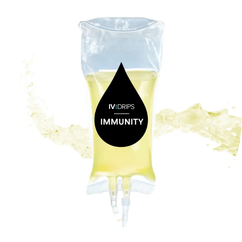 A clear IV bag filled with yellow liquid is labeled "IV Drips Immunity" inside a black drop-shaped icon on a white background.