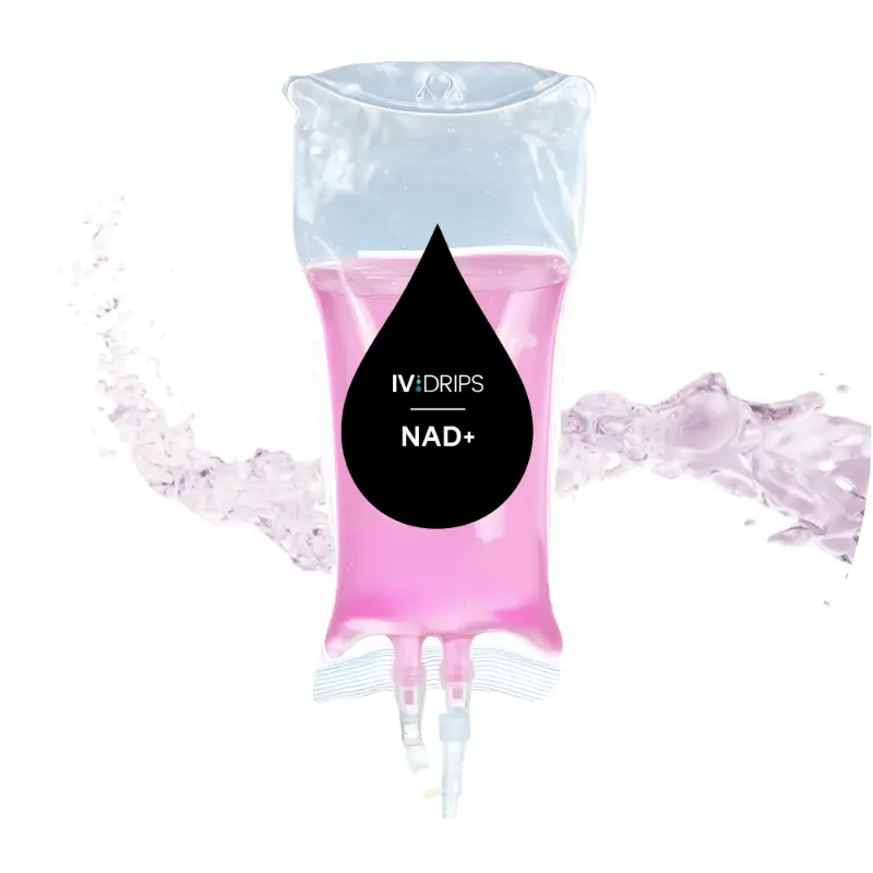 A transparent IV drip bag filled with pink liquid, labeled "IV: DRIPS NAD+", with a splash of pink fluid in the background.