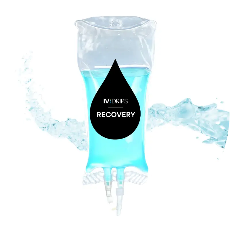 A clear IV drip bag filled with blue liquid labeled "IV DRIPS RECOVERY" is shown with a splash of blue liquid in the background.