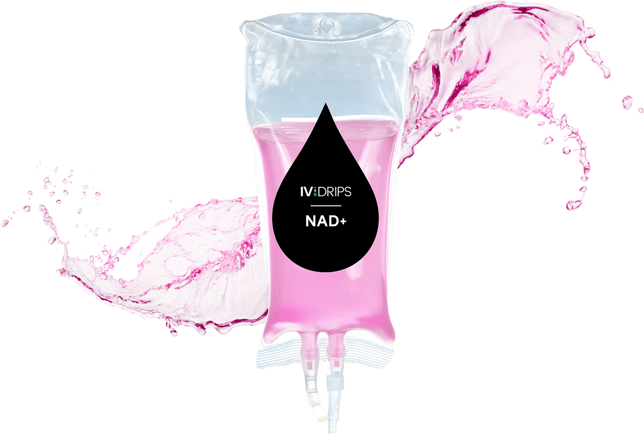 A clear IV bag labeled IV DRIPS NAD+ is filled with pink liquid, with a splash of pink liquid in the background, on a white surface.