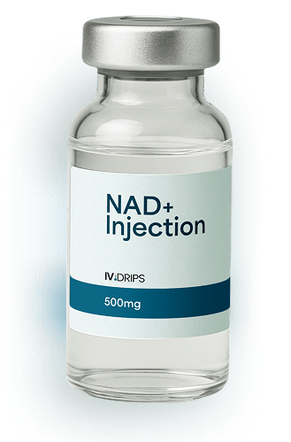 A clear glass vial with a silver cap labeled NAD+ Injection, IV DRIPS, 500mg against a plain white background. The vial contains a clear liquid.