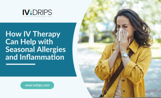 A woman in a yellow coat stands outside, sneezing into a tissue. The text beside her reads, How IV Therapy Can Help with Seasonal Allergies and Inflammation. Logo and website for IV Drips appear above and below the text that reads: How IV Therapy Can Help with Seasonal Allergies and Inflammation