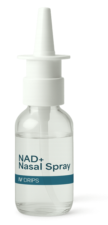 A clear plastic bottle labeled NAD+ Nasal Spray with a white spray nozzle and cap. The brand name IV DRIPS appears on the lower part of the label. The bottle is standing upright on a plain background.