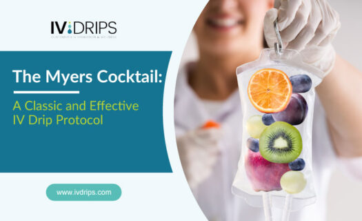 A person holding an IV drip bag filled with fruit slices, including orange, lemon, kiwi, and blueberries, alongside text about The Myers Cocktail: A Classic and Effective IV Drip Protocol.
