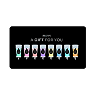 A rectangular gift card with a black background, featuring the words A Gift For You and eight colorful paint tubes in a row, each with a different pastel color.