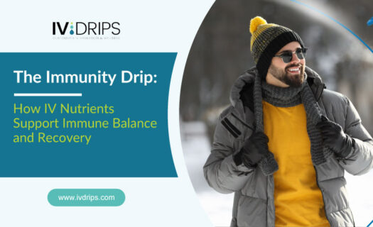 A man in winter clothing smiles outdoors, holding sunglasses and gloves. Text reads: “The Immunity Drip: How IV Nutrients Support Immune Balance and Recovery.” The logo “IV Drips” and a website link are also visible.