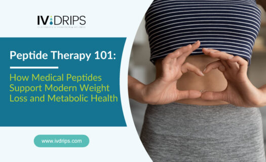 A person in athletic wear makes a heart shape with their hands over their bare stomach. Text reads: “Peptide Therapy 101: How Medical Peptides Support Modern Weight Loss and Metabolic Health.” IV Drips logo and website are visible.
