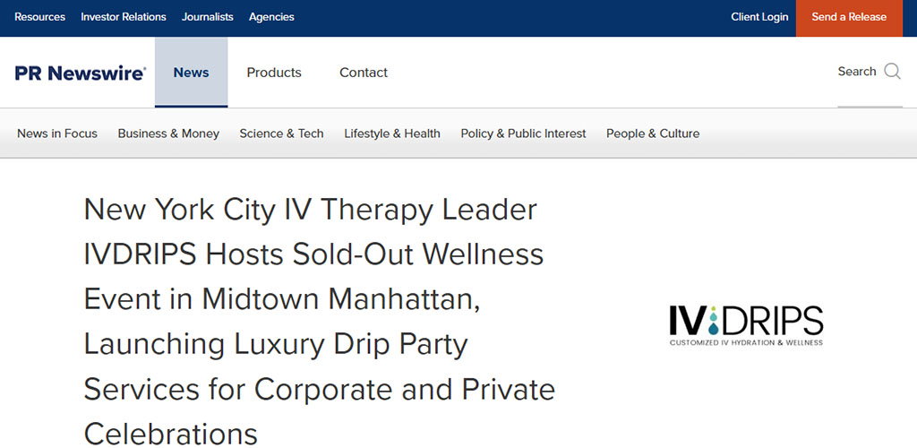 Screenshot of the article titled: New York City IV Therapy Leader IVDRIPS Hosts Sold-Out Wellness Event in Midtown Manhattan, Launching Luxury Drip Party Services for Corporate and Private Celebrations
