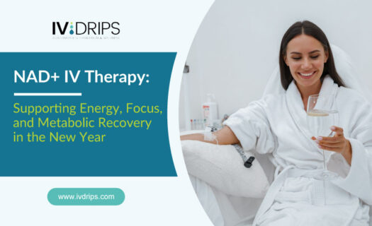 A cheerful woman in a white robe getting IV drip