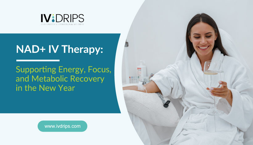 A cheerful woman in a white robe getting IV drip