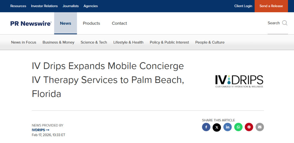 Screenshot of the article titled: IV Drips Expands Mobile Concierge IV Therapy Services to Palm Beach, Florida