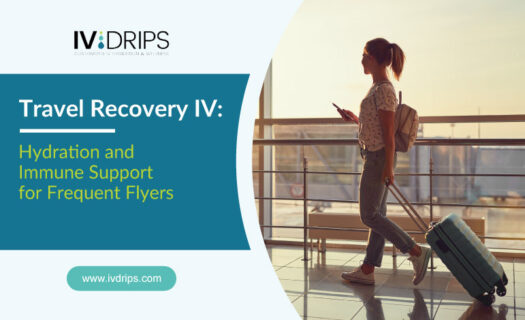 A woman with a ponytail pulls a suitcase and holds her phone while walking through an airport terminal. Text reads: Travel Recovery IV: Hydration and Immune Support for Frequent Flyers. IV Drips logo and website appear.