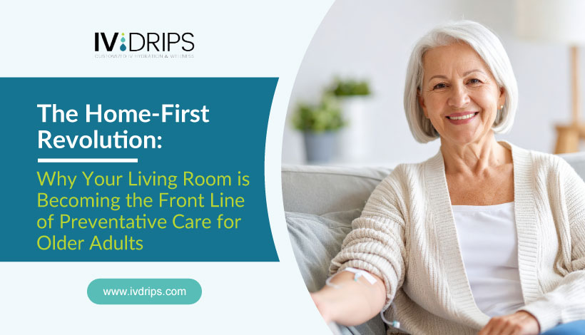 Smiling older woman with gray hair sits on a couch at home. Text reads: The Home-First Revolution: Why Your Living Room is Becoming the Front Line of Preventative Care for Older Adults. IV Drips logo and website are shown.