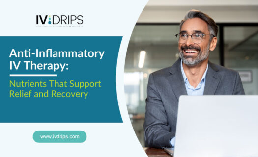 A smiling man in a gray suit sits at a desk with a laptop. Text reads: “Anti-Inflammatory IV Therapy: Nutrients That Support Relief and Recovery.” IV DRIPS logo and website are also visible.