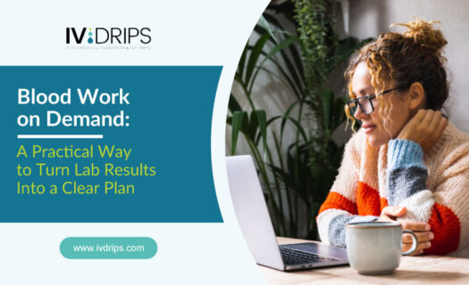 A woman in glasses and a striped sweater sits at a table with a laptop and a mug, reading intently. Text on the image promotes IV Drips blood work on demand for practical lab results planning.