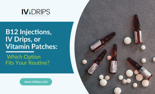 A promotional graphic for IV Drips shows five brown ampoules and scattered white pills, with text discussing B12 injections, IV drips, or vitamin patches and asking which option fits your routine. The IV Drips logo is displayed at the top.