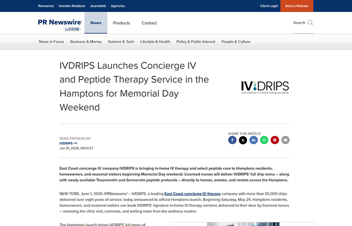 Screenshot of the article titled: IVDRIPS Launches Concierge IV and Peptide Therapy Service in the Hamptons for Memorial Day Weekend