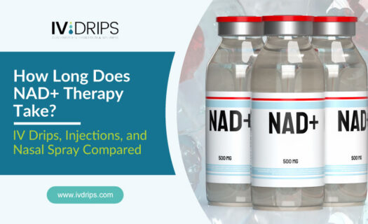 Three bottles labeled NAD+ 500 MG are shown beside a graphic asking, How Long Does NAD+ Therapy Take? IV Drips, Injections, and Nasal Spray Compared. The image promotes www.ivdrips.com.